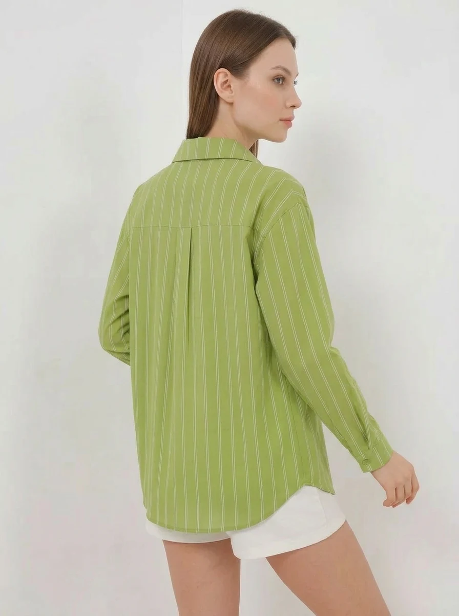 Kadın Oversize Çizgili Viskon Çağla Yeşili Gömlek