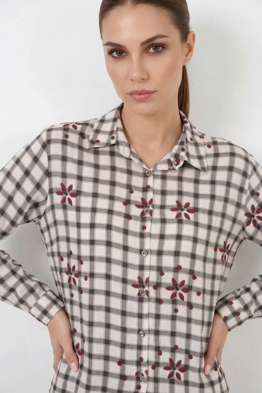 Kadın Oversize Kareli Desenli Viskon Siyah Gömlek