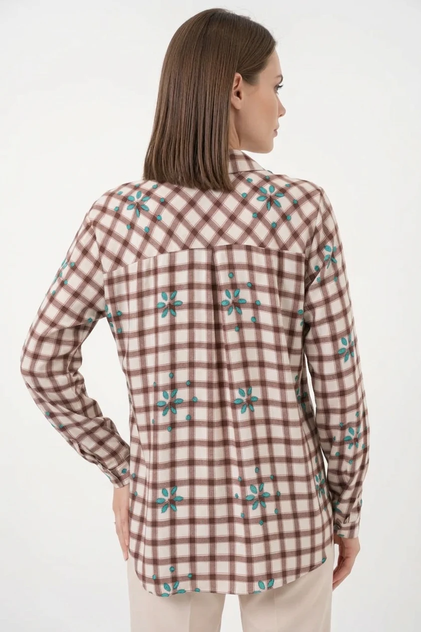 Kadın Oversize Çiçek Desenli Viskon Kahverengi Gömlek