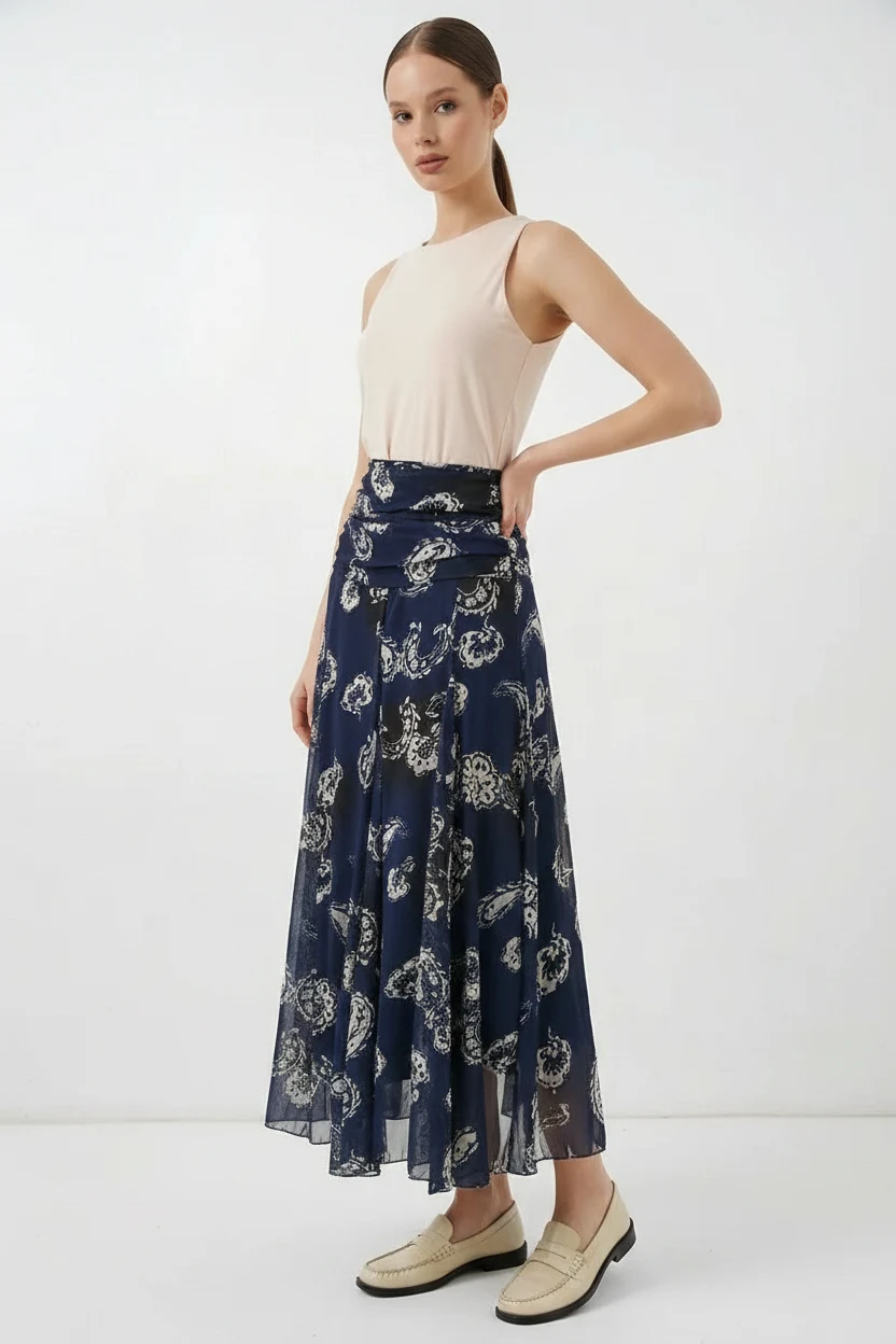 Kadın Belden Büzgülü Desenli Şifon Lacivert Etek