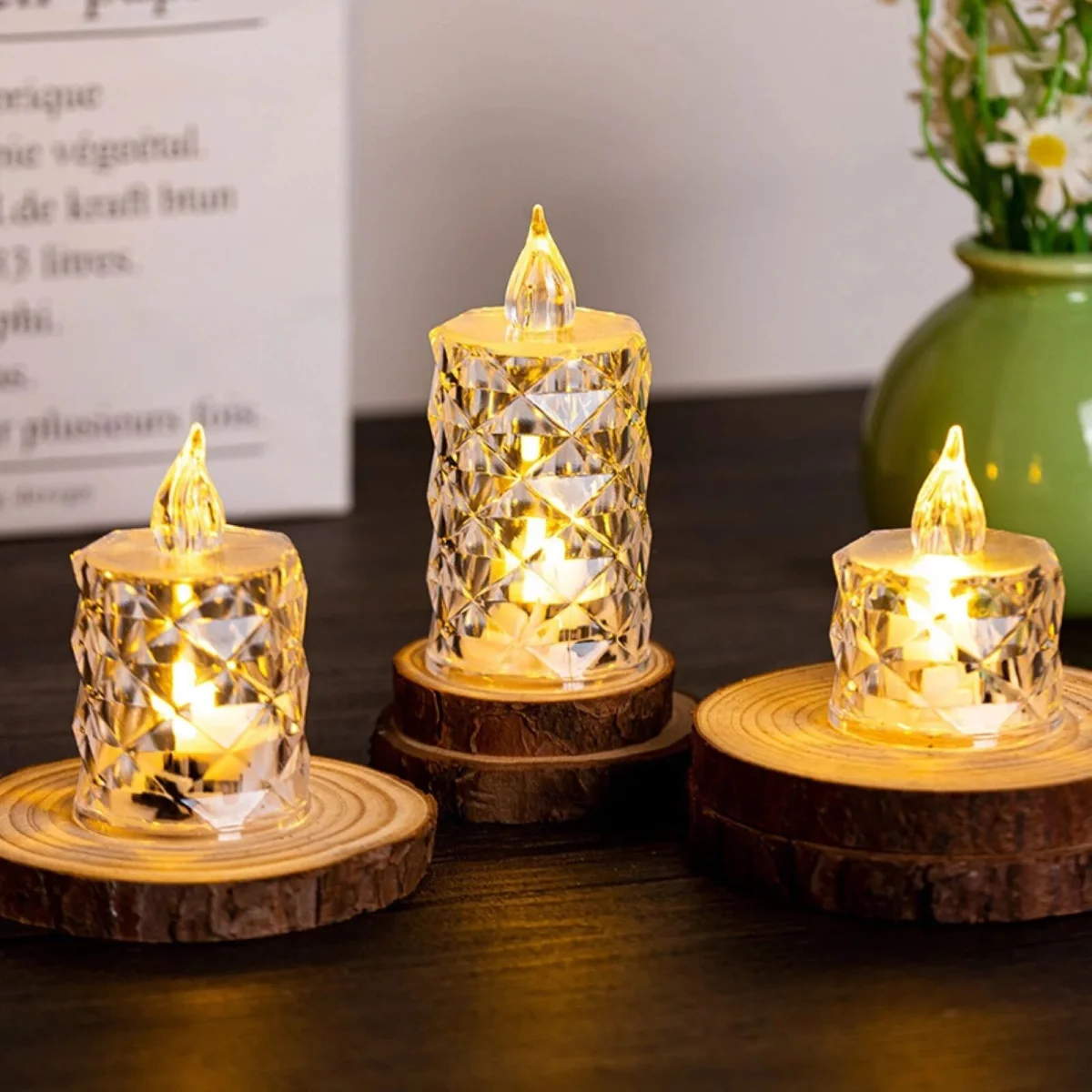 Led Mum Şeffaf Kristal LED Mum Pilli Alevsiz Çay Mumu Düğün Doğum Günü Ortam Işığı Midi